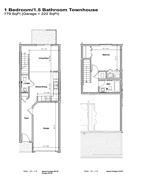 Floor plan for 1 bed, 1 bath, 779 sqft